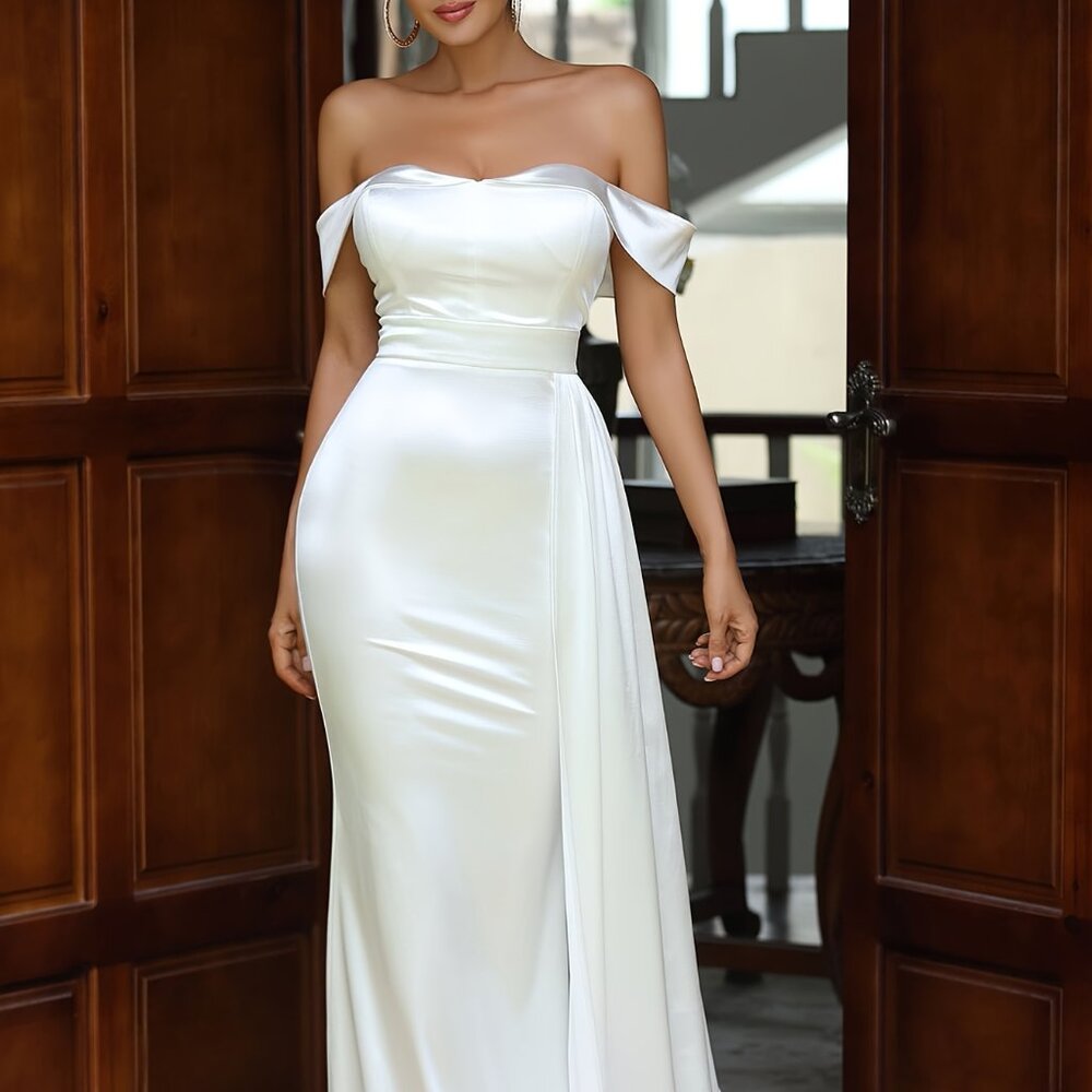 Satin Off-Shoulder Evening Gown Wedding Dress